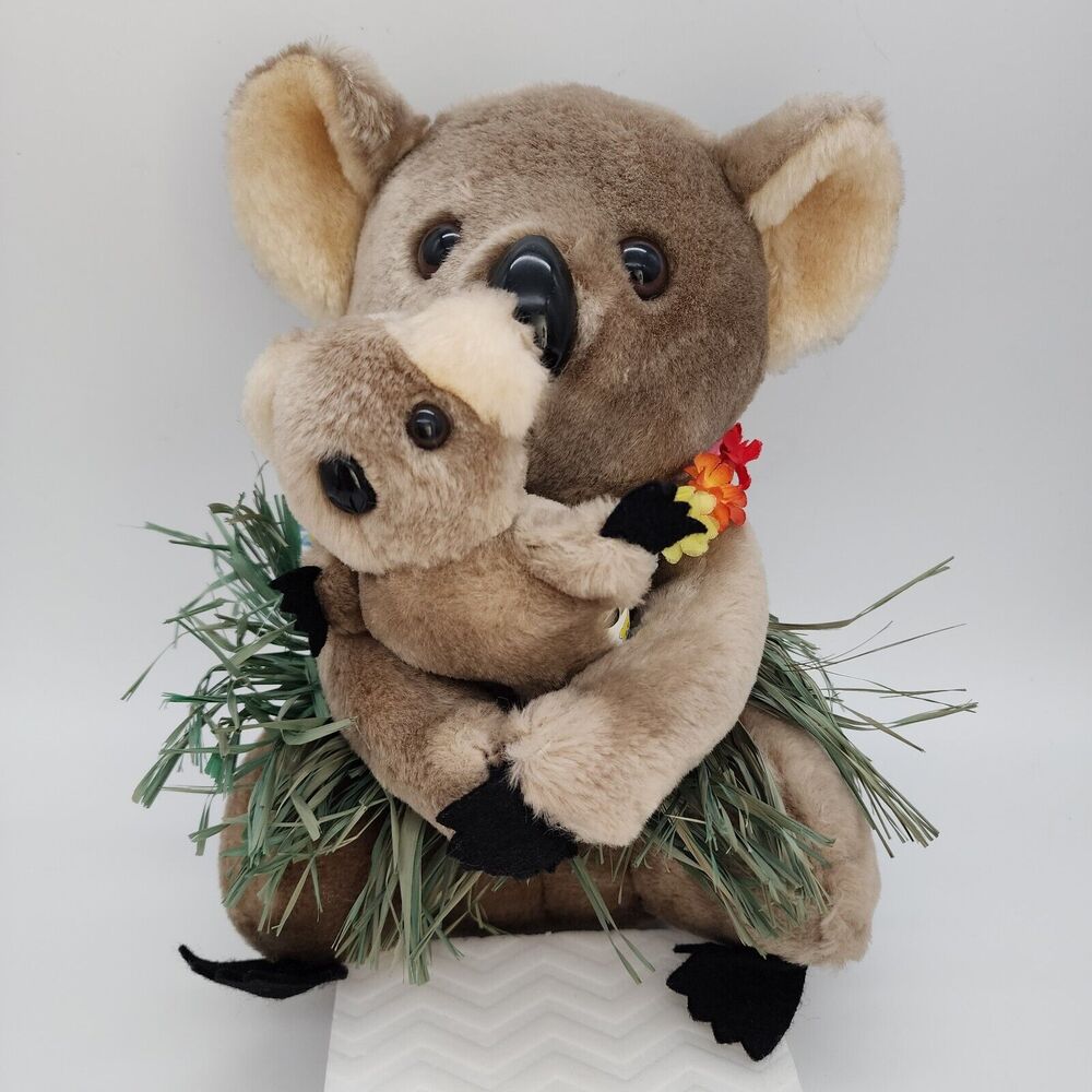 Vintage Dakin Koala Bear & Baby Plush 10" Gray Leis Aloha Stuffed Animal 1978